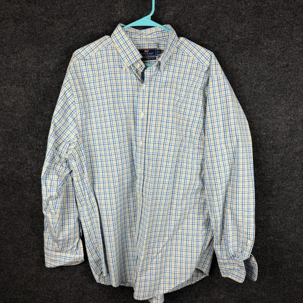 Vineyard Vines Classic Fit Murray Shirt Large Blue Yellow Check‎ Whale Logo
